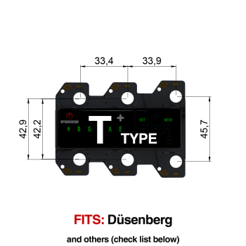 TronicalTune T automatic guitar tuner - mounting dimensions TronicalTune T automatic guitar tuner mounting plate with labeled dimensions and tuning peg hole positions