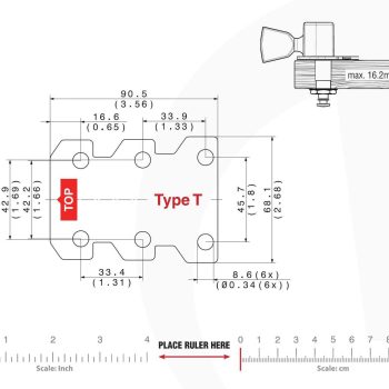 T Type Tronicaltune Guitar Tuner Technical mounting template with hole spacing and dimensions for the TronicalTune T automatic guitar tuner
