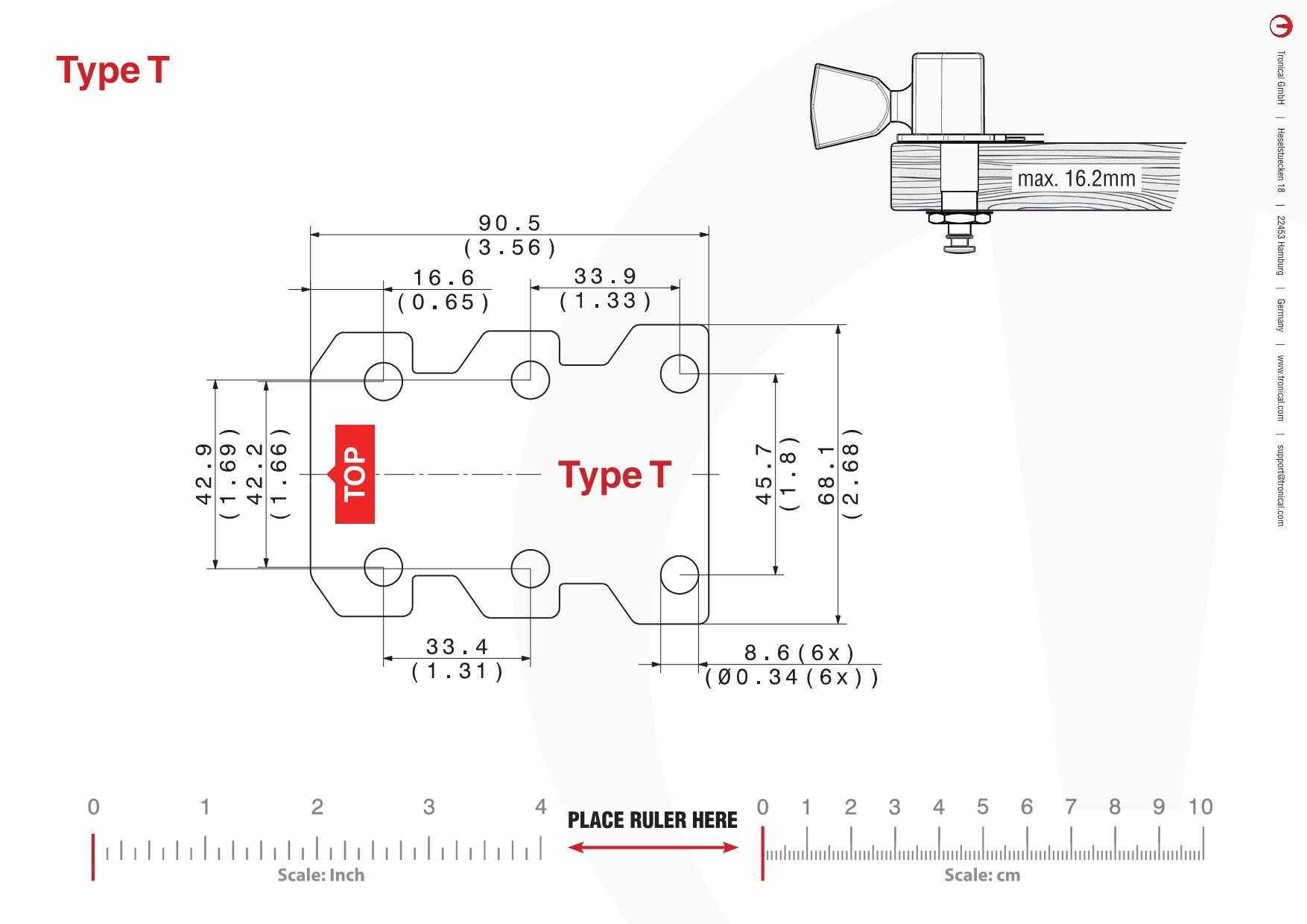 TronicalTune T guitar tuner - mounting template Technical mounting template with hole spacing and dimensions for the TronicalTune T automatic guitar tuner