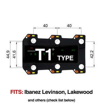 TronicalTune T1 automatic guitar tuner mounting plate with labeled dimensions and tuning peg hole positions