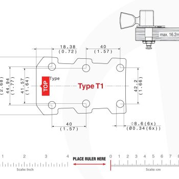 T1 Type Tronicaltune Guitar Tuner Technical mounting template with hole spacing and dimensions for the TronicalTune T1 automatic guitar tuner