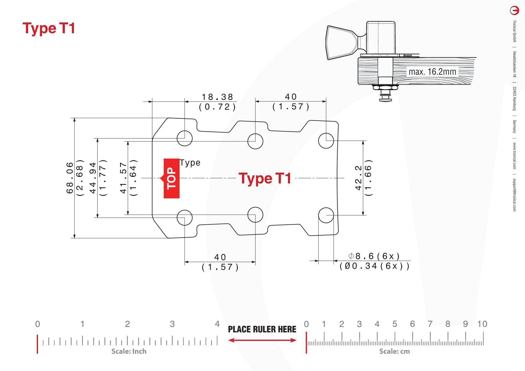 TronicalTune T1 guitar tuner - mounting template Technical mounting template with hole spacing and dimensions for the TronicalTune T1 automatic guitar tuner