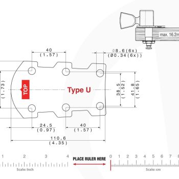 Technical mounting template with hole spacing and dimensions for the TronicalTune U automatic guitar tuner