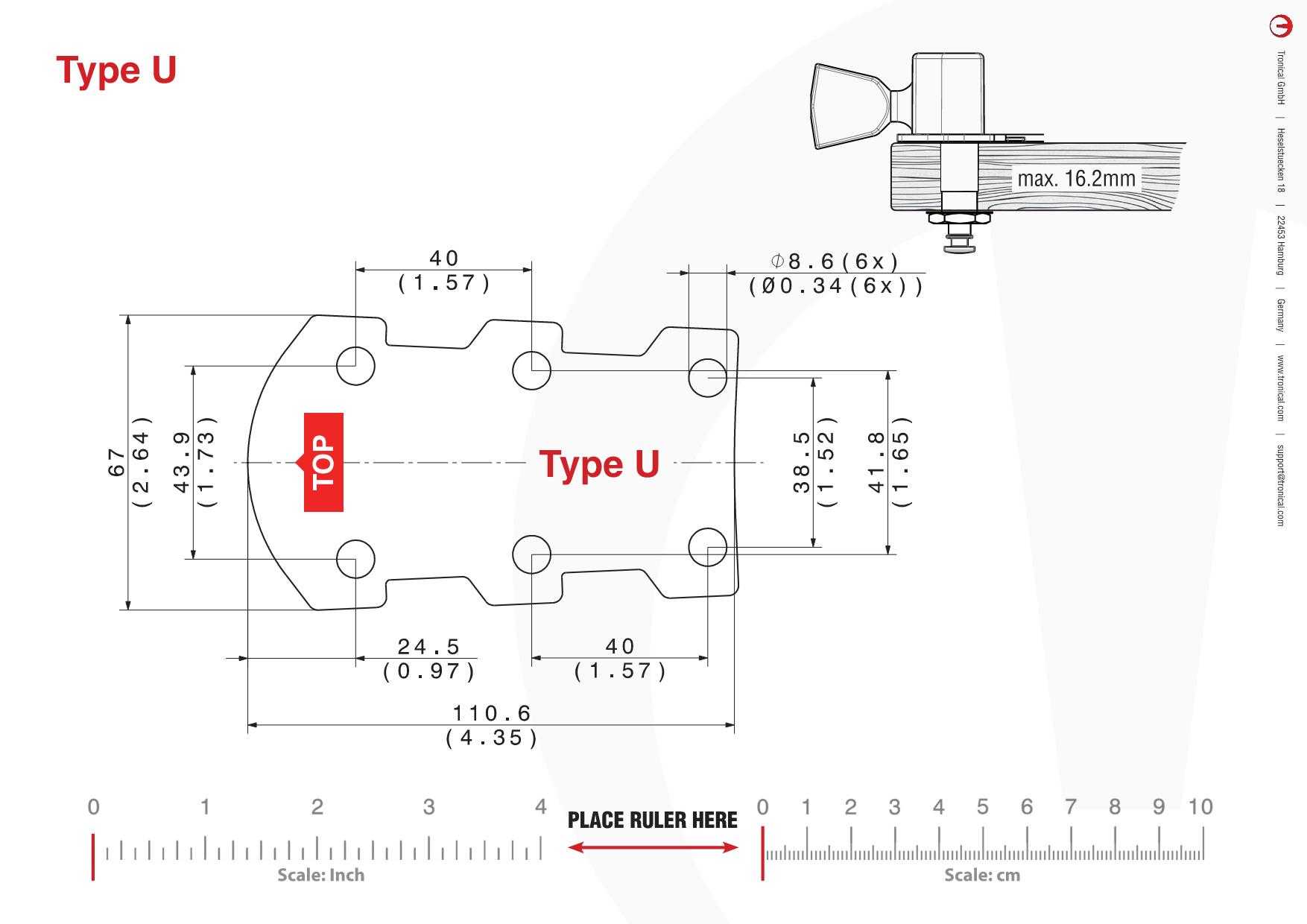 TronicalTune U guitar tuner - mounting template Technical mounting template with hole spacing and dimensions for the TronicalTune U automatic guitar tuner