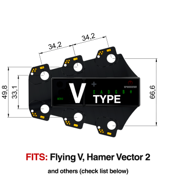 TronicalTune V automatic guitar tuner mounting plate with labeled dimensions and tuning peg hole positions