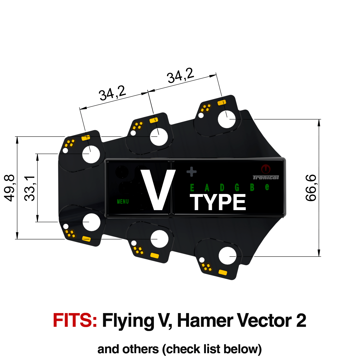 TronicalTune V automatic guitar tuner - mounting dimensions TronicalTune V automatic guitar tuner mounting plate with labeled dimensions and tuning peg hole positions