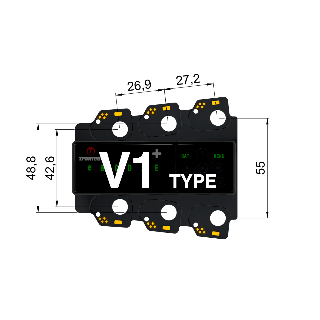 TronicalTune V1 automatic guitar tuner - mounting dimensions TronicalTune V1 automatic guitar tuner mounting plate with labeled dimensions and tuning peg hole positions