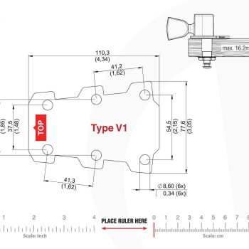 Technical mounting template with hole spacing and dimensions for the TronicalTune V1 automatic guitar tuner