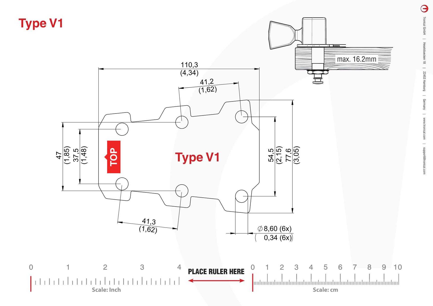 TronicalTune V1 guitar tuner - mounting template Technical mounting template with hole spacing and dimensions for the TronicalTune V1 automatic guitar tuner