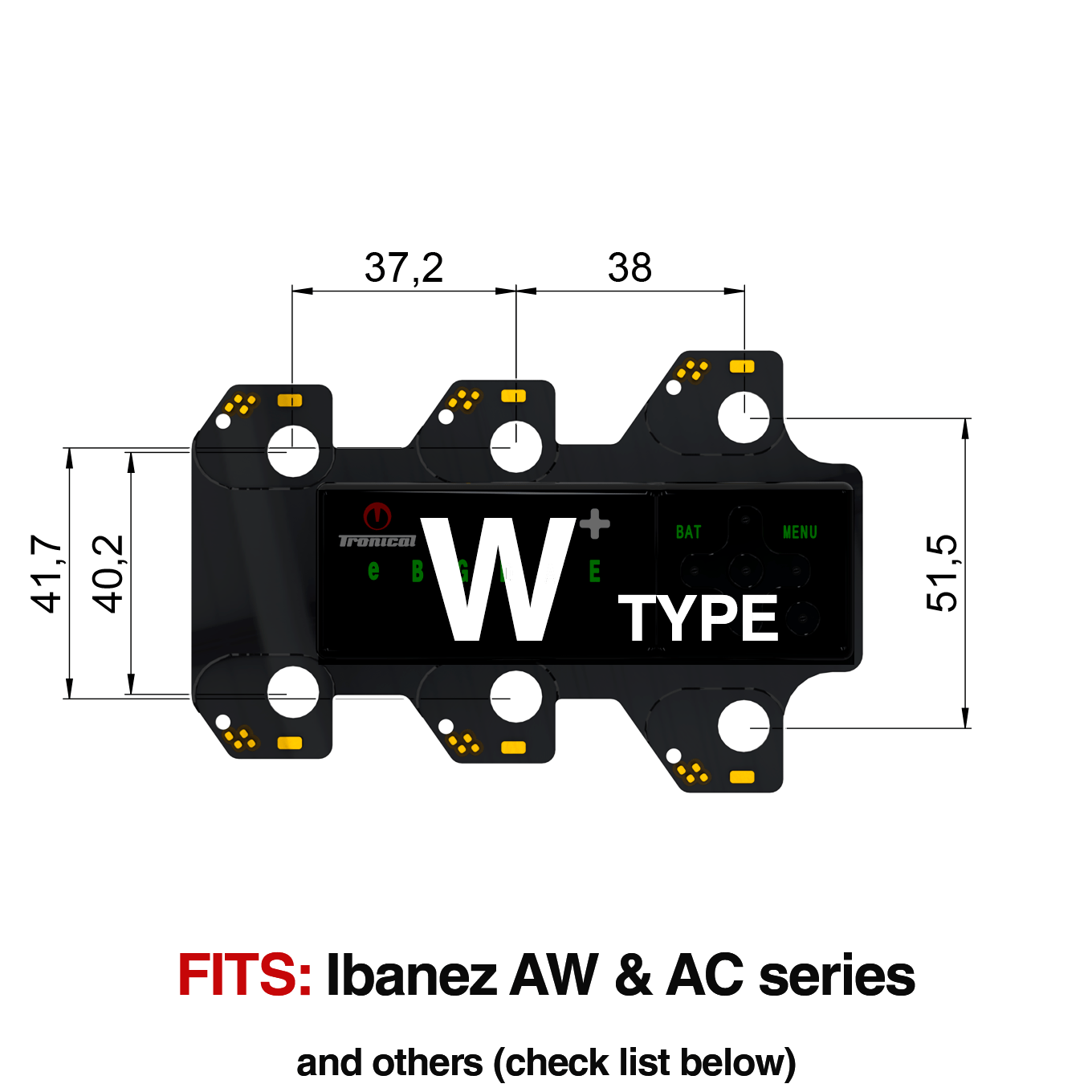 TronicalTune W automatic guitar tuner - mounting dimensions TronicalTune W automatic guitar tuner mounting plate with labeled dimensions and tuning peg hole positions