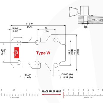 Technical mounting template with hole spacing and dimensions for the TronicalTune W automatic guitar tuner