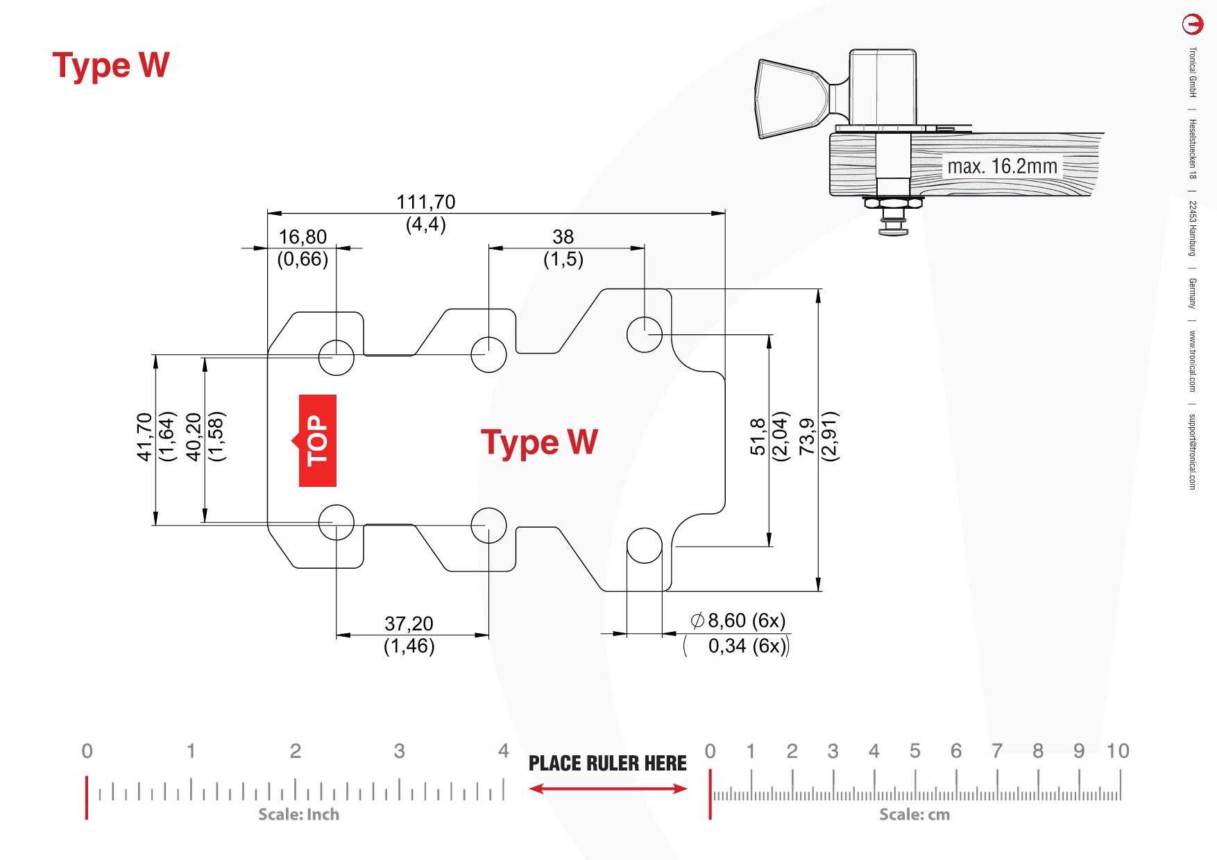 TronicalTune W guitar tuner - mounting template Technical mounting template with hole spacing and dimensions for the TronicalTune W automatic guitar tuner