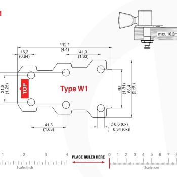 W1 Type Tronicaltune Guitar Tuner Technical mounting template with hole spacing and dimensions for the TronicalTune W1 automatic guitar tuner