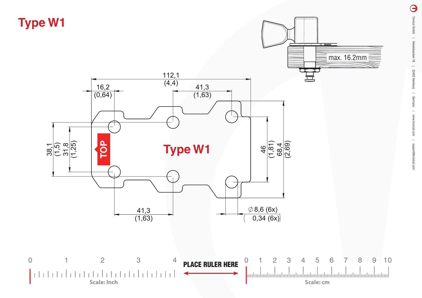 TronicalTune W1 guitar tuner - mounting template Technical mounting template with hole spacing and dimensions for the TronicalTune W1 automatic guitar tuner