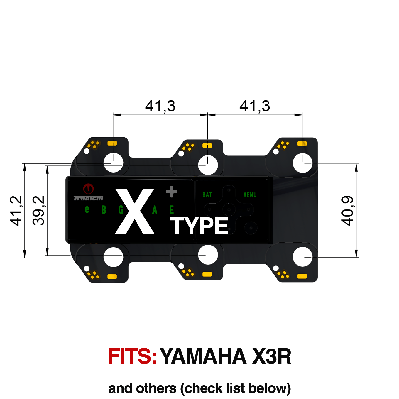 TronicalTune X automatic guitar tuner - mounting dimensions TronicalTune X automatic guitar tuner mounting plate with labeled dimensions and tuning peg hole positions