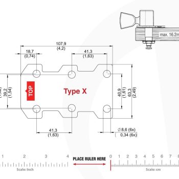 X Type Tronicaltune Guitar Tuner Technical mounting template with hole spacing and dimensions for the TronicalTune X automatic guitar tuner