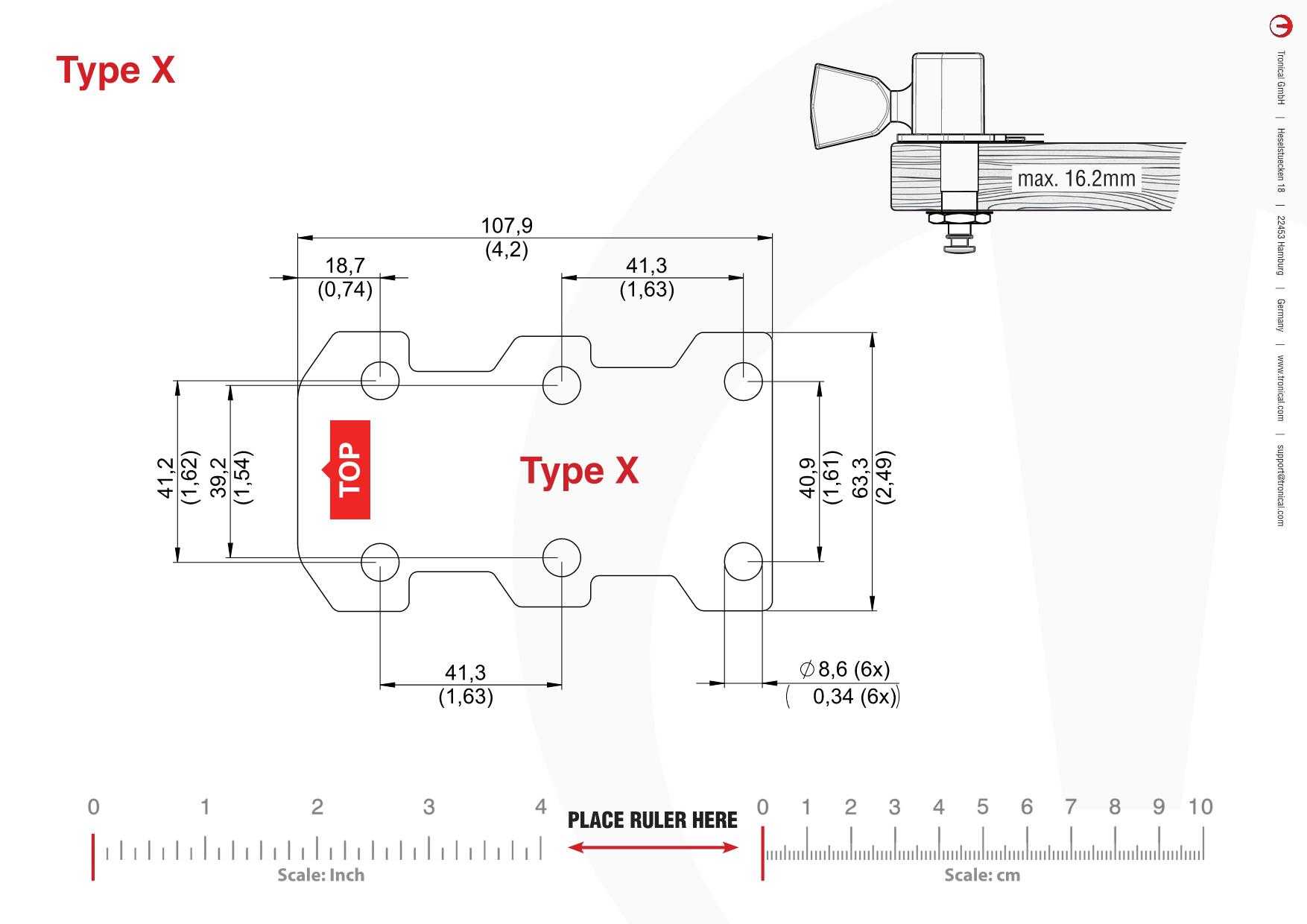 TronicalTune X guitar tuner - mounting template Technical mounting template with hole spacing and dimensions for the TronicalTune X automatic guitar tuner