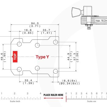 Y Type Tronicaltune Guitar Tuner Technical mounting template with hole spacing and dimensions for the TronicalTune Y automatic guitar tuner