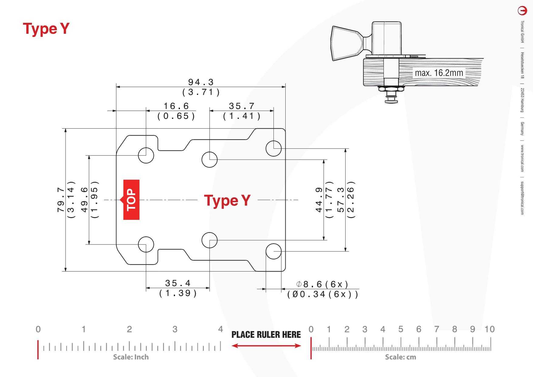 TronicalTune Y guitar tuner - mounting template Technical mounting template with hole spacing and dimensions for the TronicalTune Y automatic guitar tuner