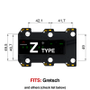 TronicalTune Z automatic guitar tuner - mounting dimensions TronicalTune Z automatic guitar tuner mounting plate with labeled dimensions and tuning peg hole positions