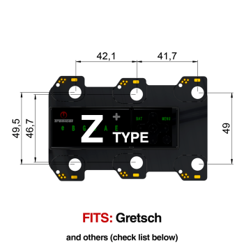 TronicalTune Z automatic guitar tuner mounting plate with labeled dimensions and tuning peg hole positions