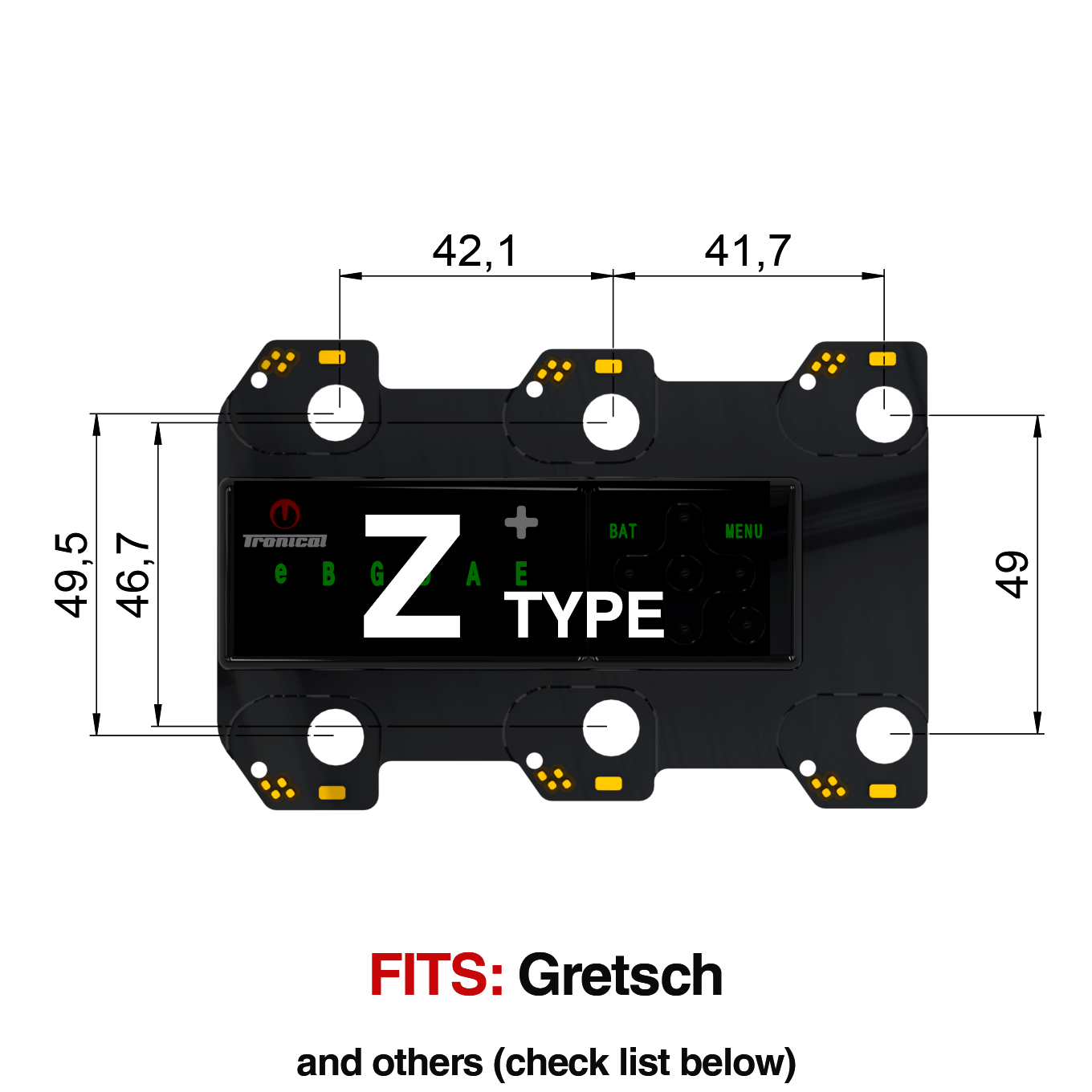 TronicalTune Z automatic guitar tuner - mounting dimensions TronicalTune Z automatic guitar tuner mounting plate with labeled dimensions and tuning peg hole positions