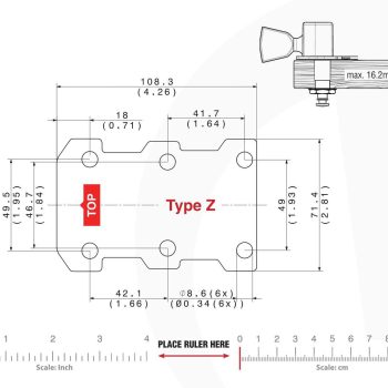 Z Type Tronicaltune Guitar Tuner Technical mounting template with hole spacing and dimensions for the TronicalTune Z automatic guitar tuner