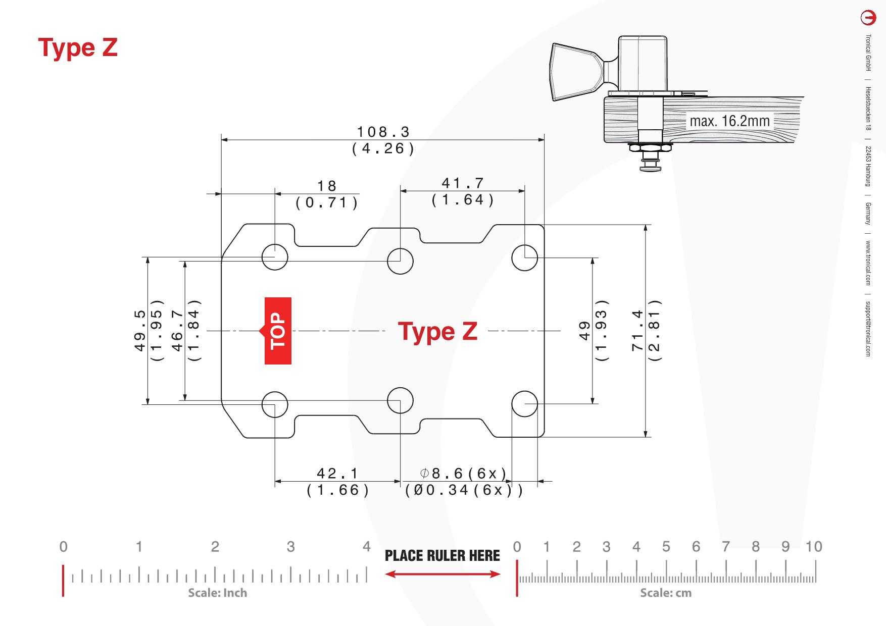 TronicalTune Z guitar tuner - mounting template Technical mounting template with hole spacing and dimensions for the TronicalTune Z automatic guitar tuner
