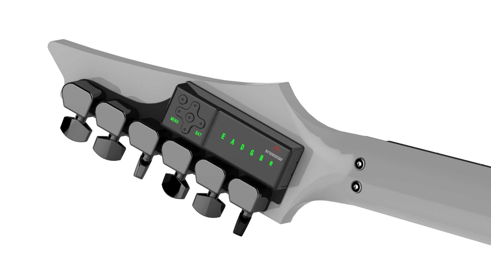 TronicalTune automatic guitar tuner - reverse six-in-line, Black chrome Strat TronicalTune automatic guitar tuner mounted behind a reverse six-in-line guitar headstock with black chrome motorized tuning pegs and Strat keys