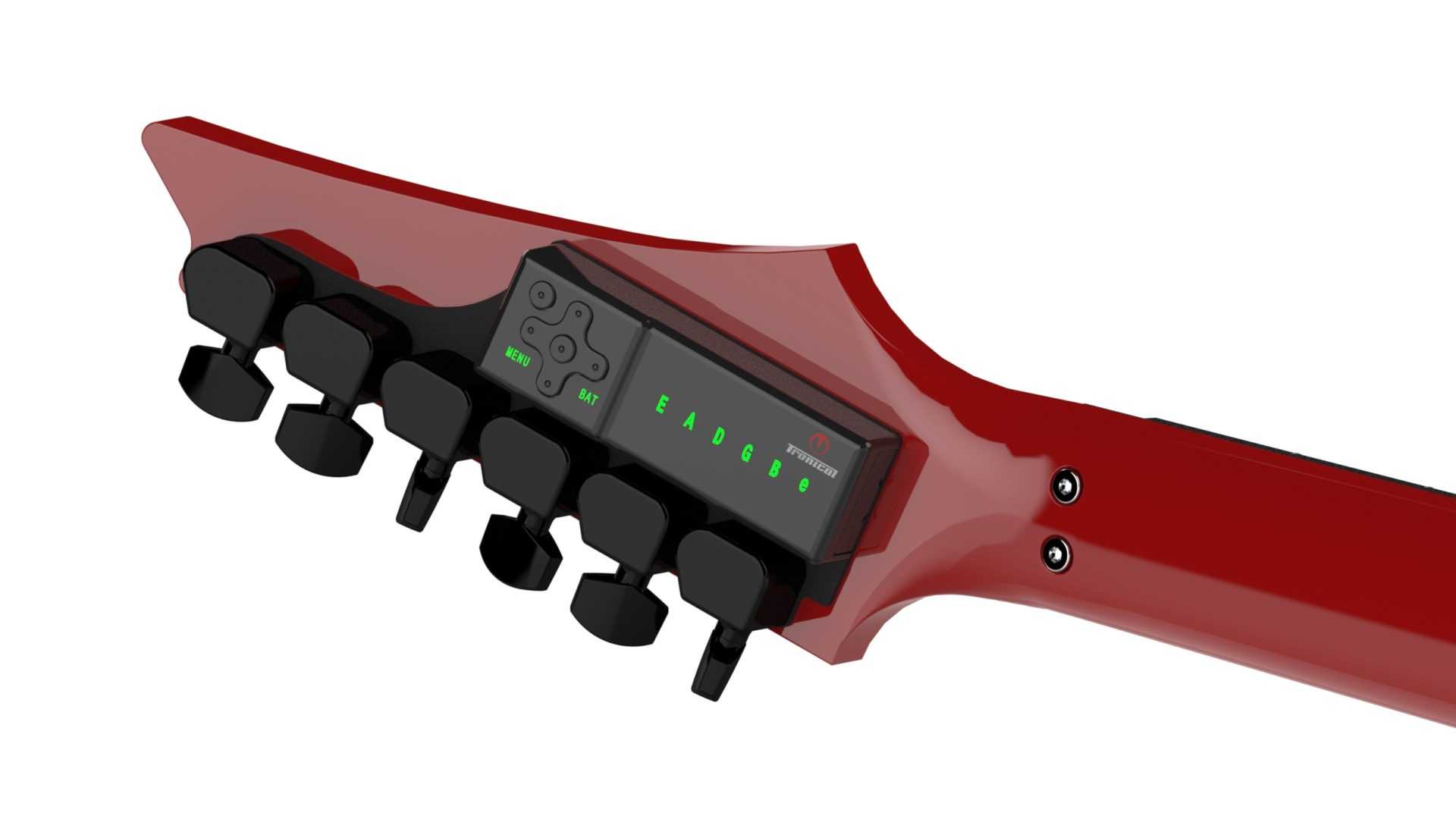 TronicalTune automatic guitar tuner - reverse six-in-line, Black Strat TronicalTune automatic guitar tuner mounted behind a reverse six-in-line guitar headstock with black motorized tuning pegs and Strat keys