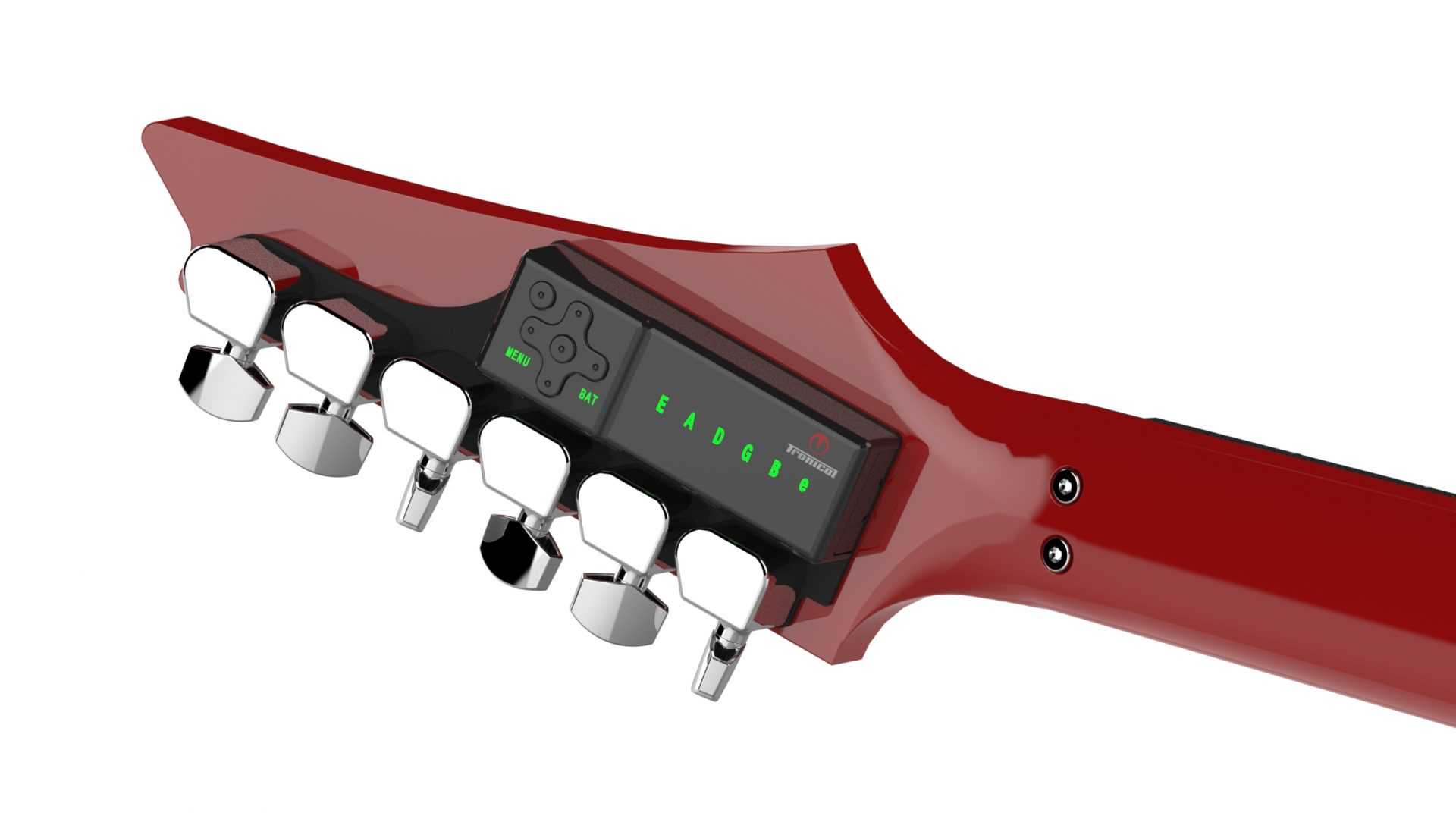 TronicalTune automatic guitar tuner - reverse six-in-line, Chrome Strat TronicalTune automatic guitar tuner mounted behind a reverse six-in-line guitar headstock with chrome motorized tuning pegs and Strat keys