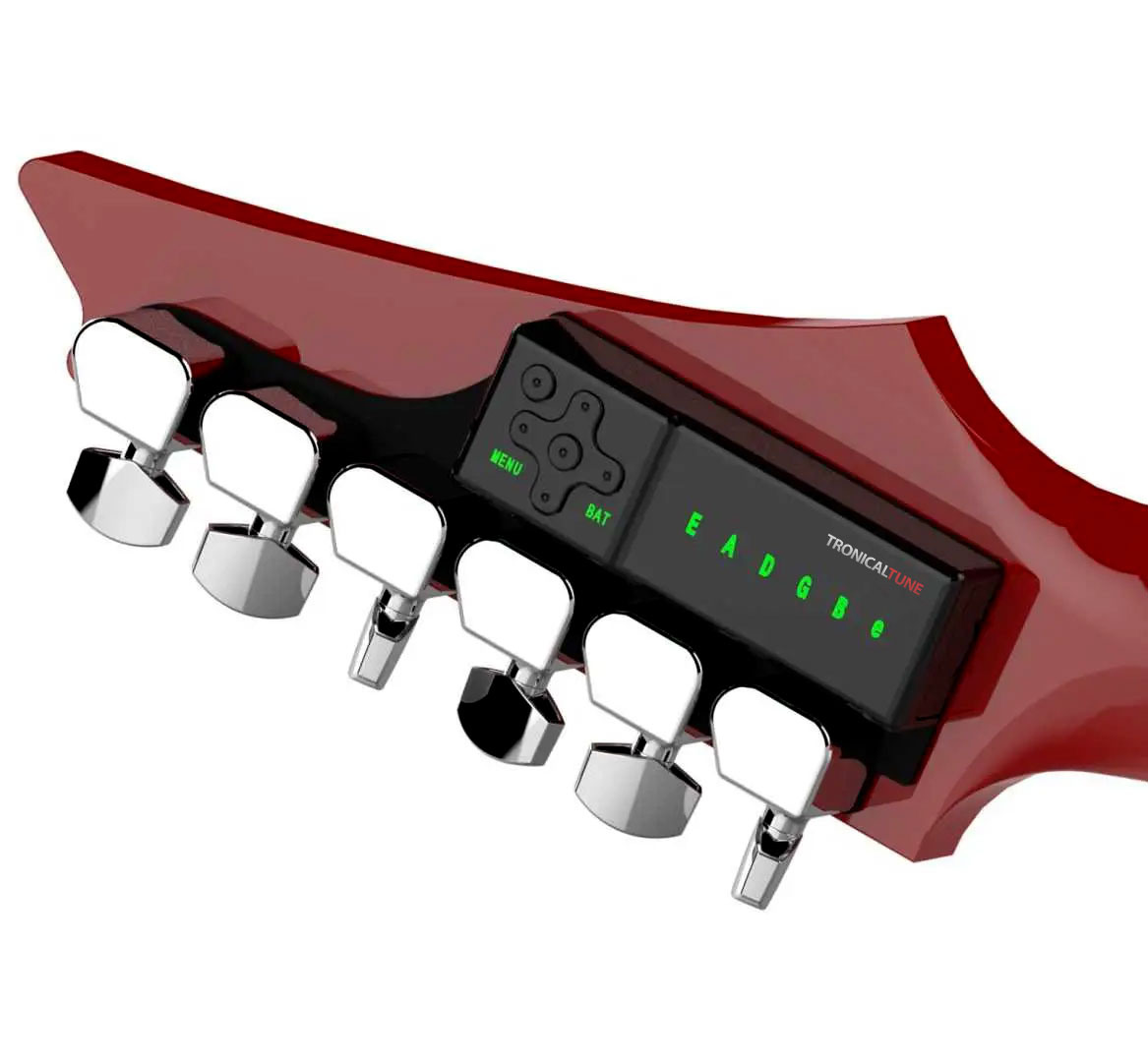 TronicalTune automatic guitar tuner - reverse six-in-line, Chrome Strat TronicalTune automatic guitar tuner mounted behind a reverse six-in-line guitar headstock with chrome motorized tuning pegs and Strat keys