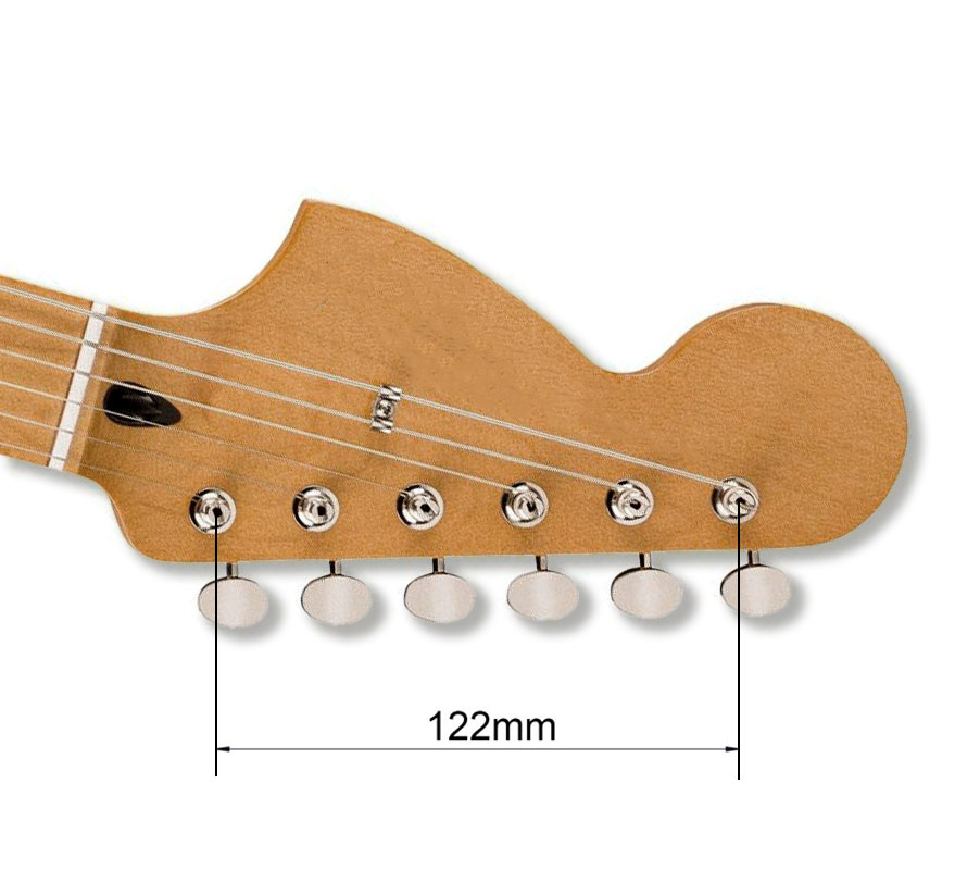 TronicalTune C Reverse guitar tuner - headstock fit 122 mm Guitar headstock with 122 mm spacing marked for checking TronicalTune C Reverse guitar tuner compatibility