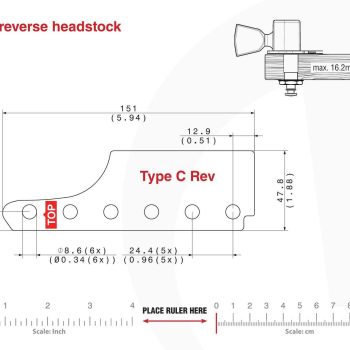 C Type Reverse Tronicaltune Guitar Tuner Technical mounting template with hole spacing and dimensions for the TronicalTune C Reverse automatic guitar tuner