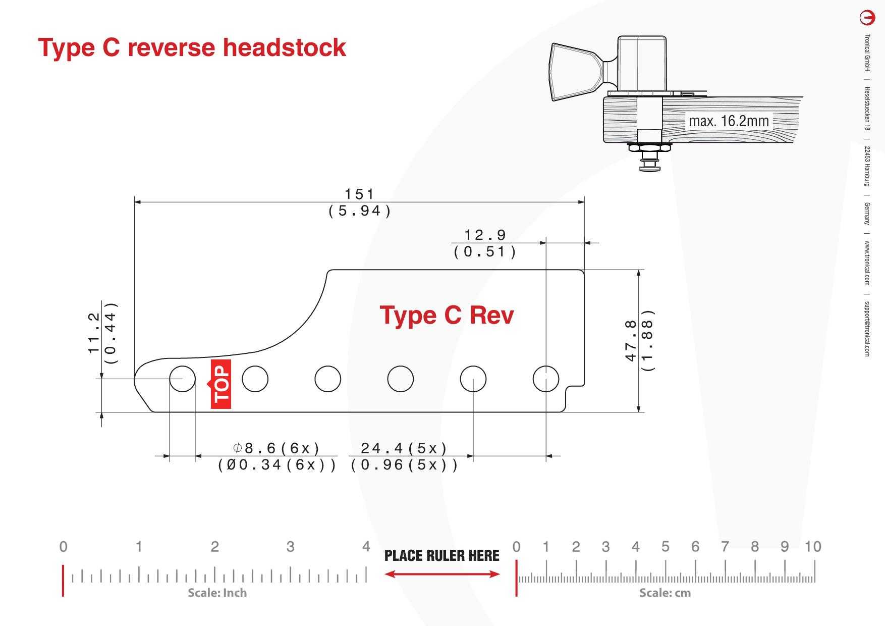 TronicalTune C Reverse guitar tuner - mounting template Technical mounting template with hole spacing and dimensions for the TronicalTune C Reverse automatic guitar tuner