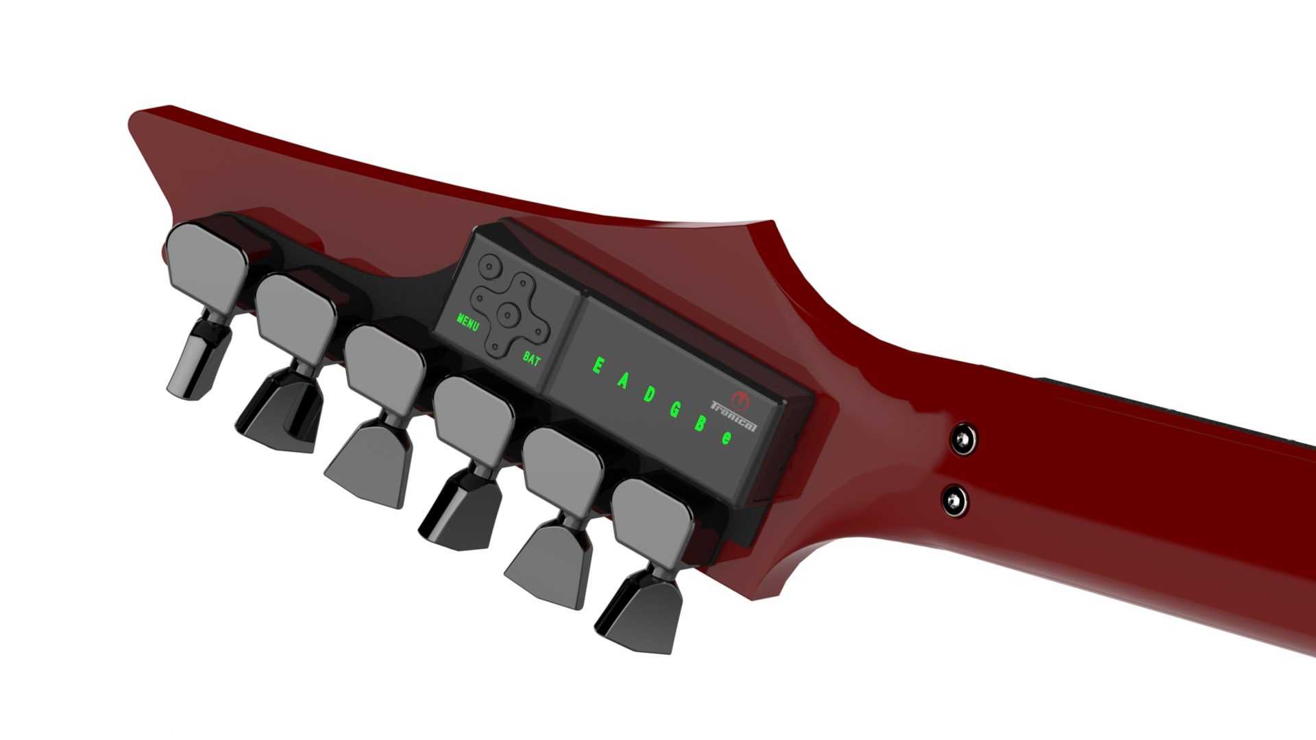 TronicalTune automatic guitar tuner - reverse six-in-line, Black chrome Tulip TronicalTune automatic guitar tuner mounted behind a reverse six-in-line guitar headstock with black chrome motorized tuning pegs and Tulip keys