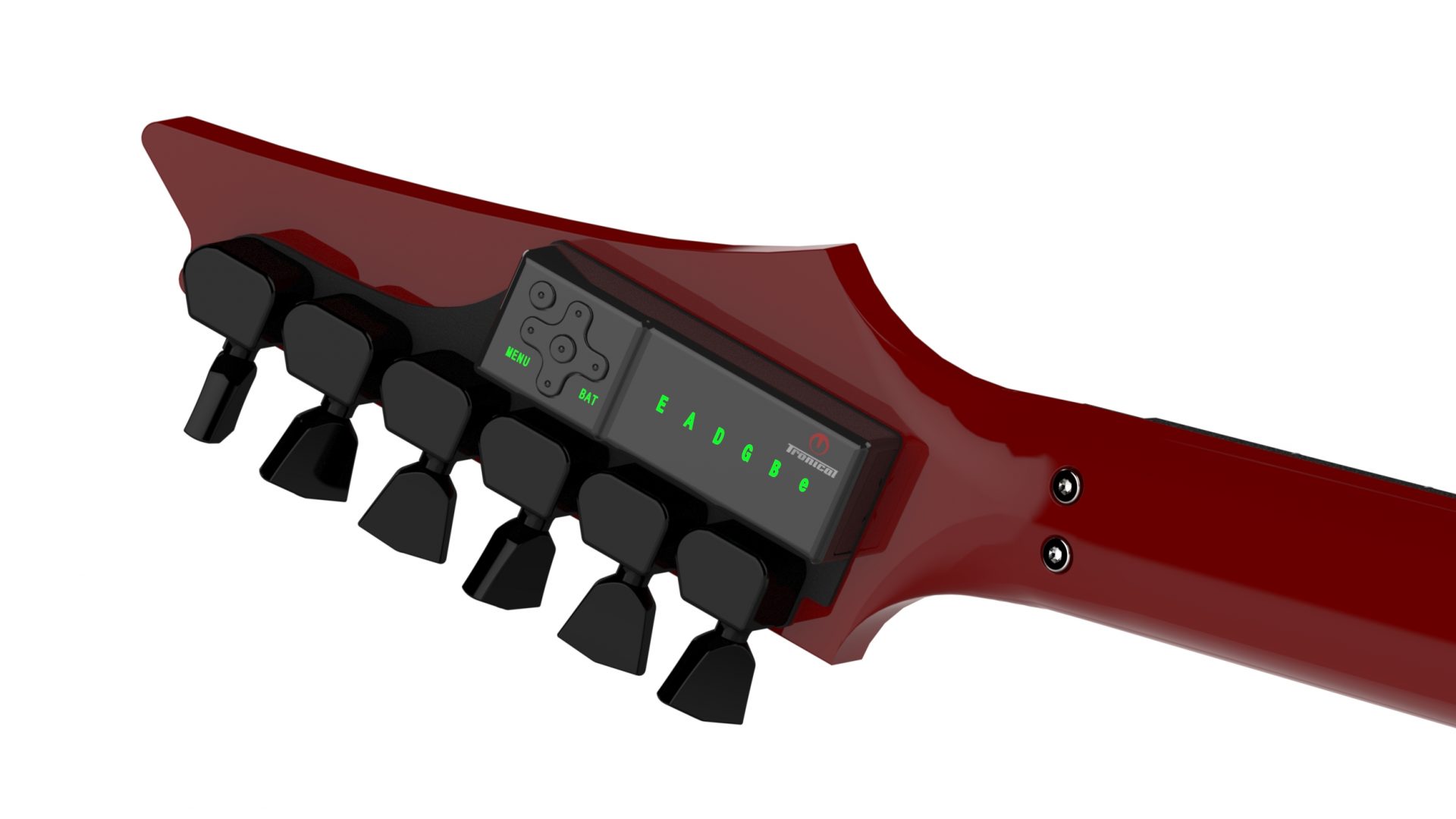 TronicalTune automatic guitar tuner mounted behind a reverse six-in-line guitar headstock with black motorized tuning pegs and Tulip keys