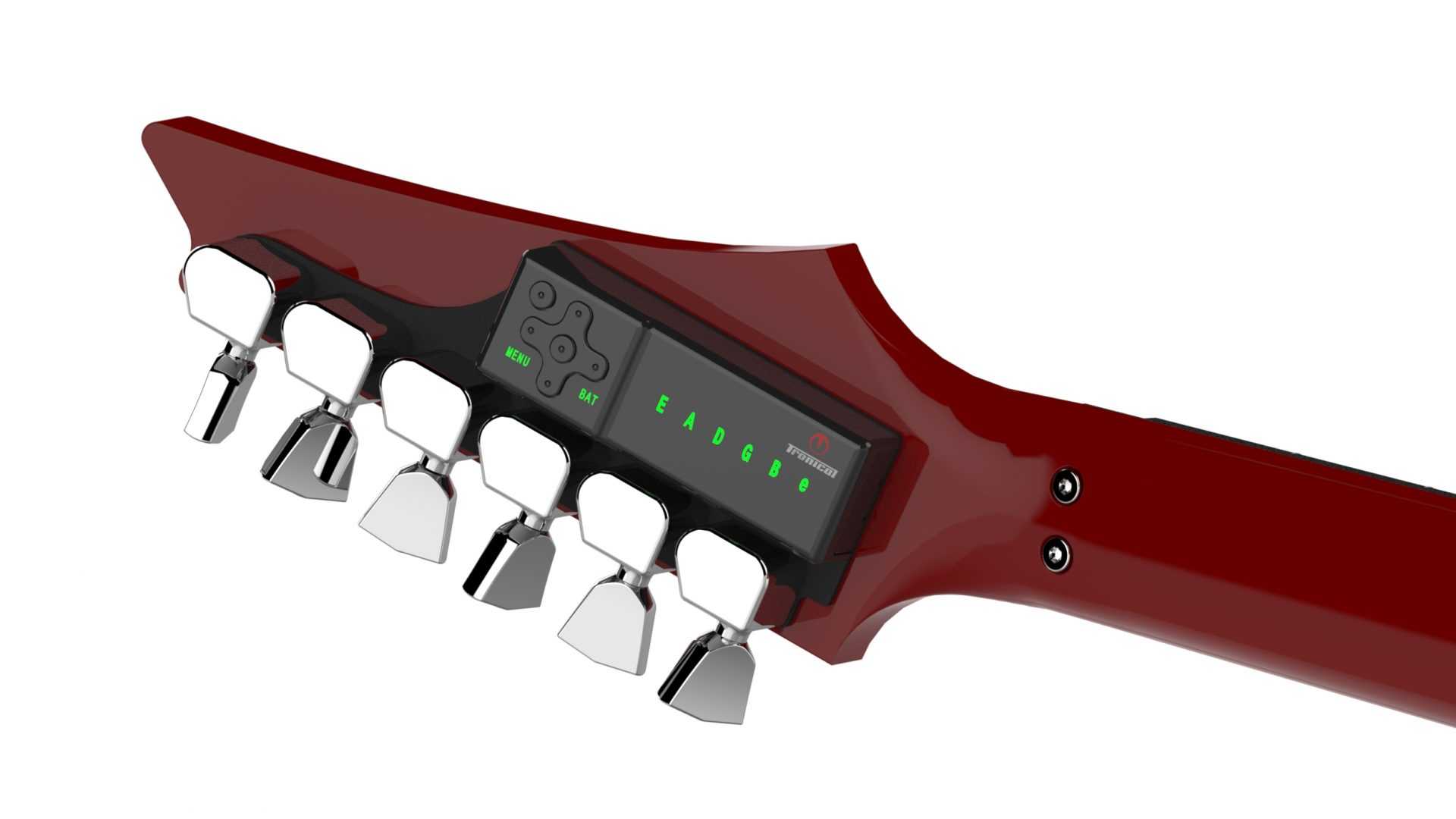 TronicalTune automatic guitar tuner - reverse six-in-line, Chrome Tulip TronicalTune automatic guitar tuner mounted behind a reverse six-in-line guitar headstock with chrome motorized tuning pegs and Tulip keys