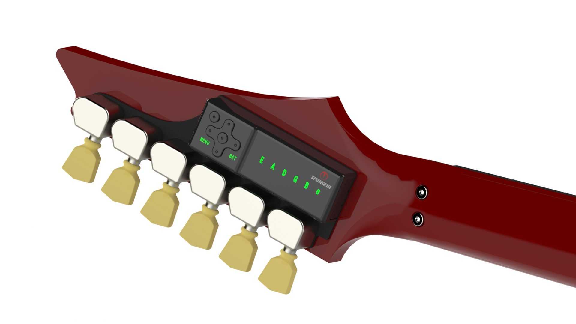 TronicalTune automatic guitar tuner - reverse six-in-line, Gold Tulip TronicalTune automatic guitar tuner mounted behind a reverse six-in-line guitar headstock with gold motorized tuning pegs and Tulip keys