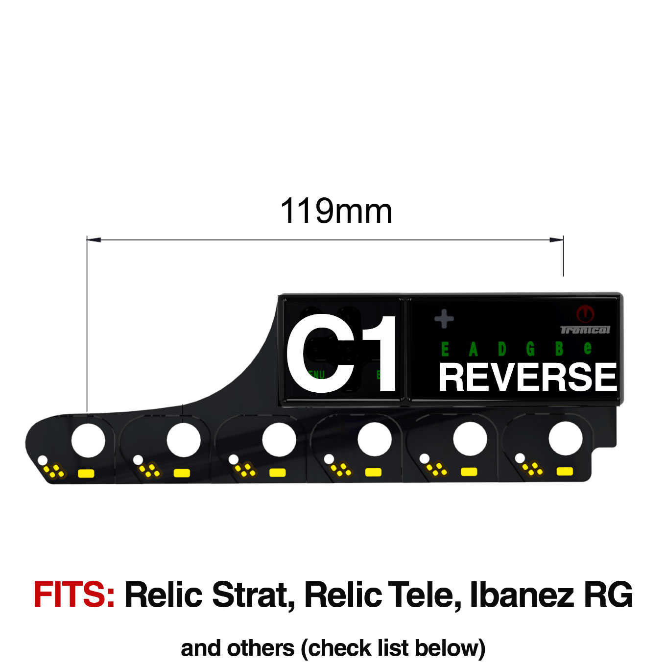 TronicalTune C1 Reverse automatic guitar tuner - mounting dimensions TronicalTune C1 Reverse automatic guitar tuner mounting plate with labeled dimensions and tuning peg hole positions