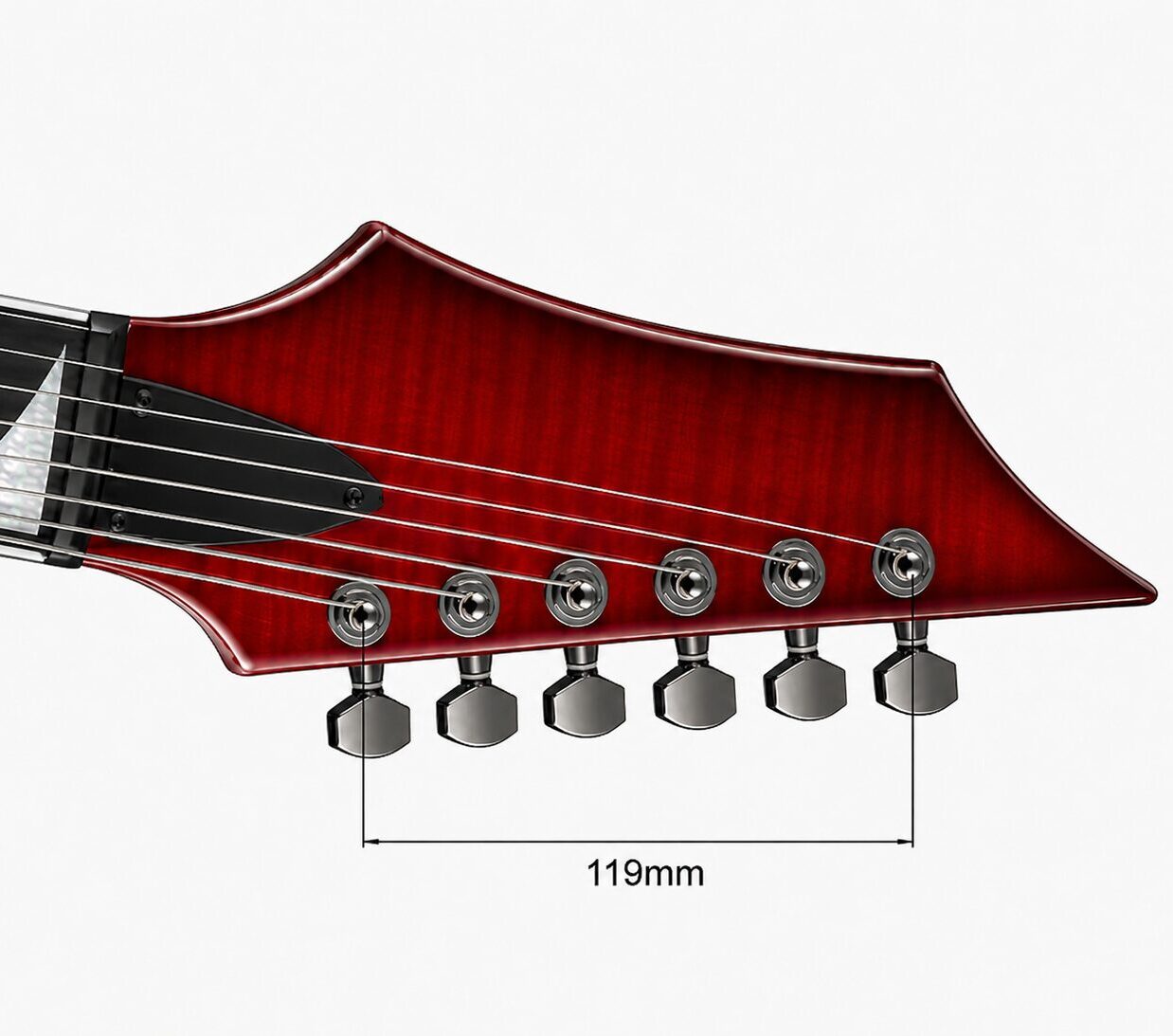 TronicalTune C1 Reverse guitar tuner - headstock fit 119 mm Guitar headstock with 119 mm spacing marked for checking TronicalTune C1 Reverse guitar tuner compatibility