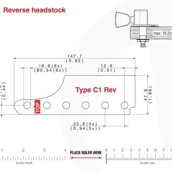 C1 Type Reverse Tronicaltune Guitar Tuner Technical mounting template with hole spacing and dimensions for the TronicalTune C1 Reverse automatic guitar tuner