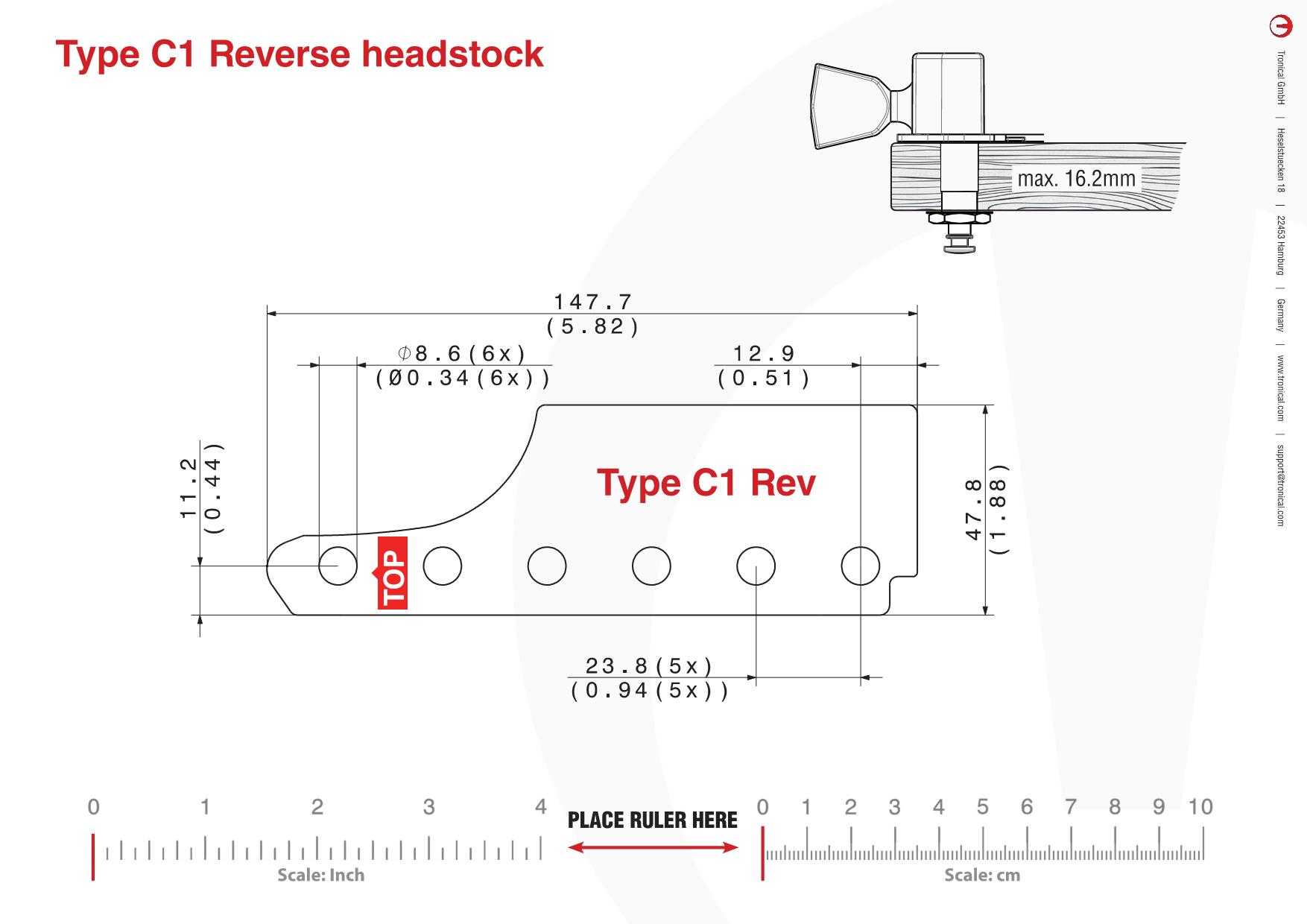 TronicalTune C1 Reverse guitar tuner - mounting template Technical mounting template with hole spacing and dimensions for the TronicalTune C1 Reverse automatic guitar tuner