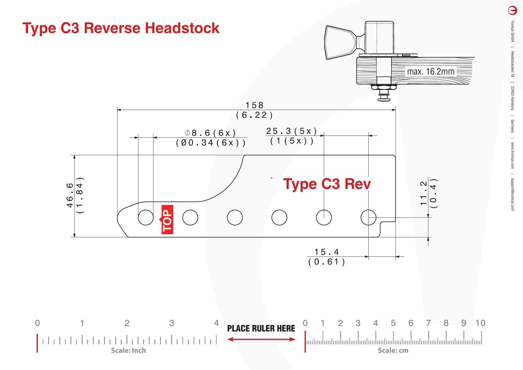 TronicalTune C3 guitar tuner - mounting template Technical mounting template with hole spacing and dimensions for the TronicalTune C3 automatic guitar tuner