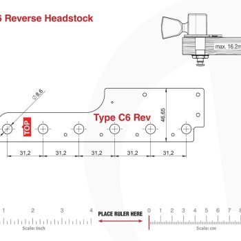 C6 Type Tronicaltune Guitar Tuner Technical mounting template with hole spacing and dimensions for the TronicalTune C6 automatic guitar tuner