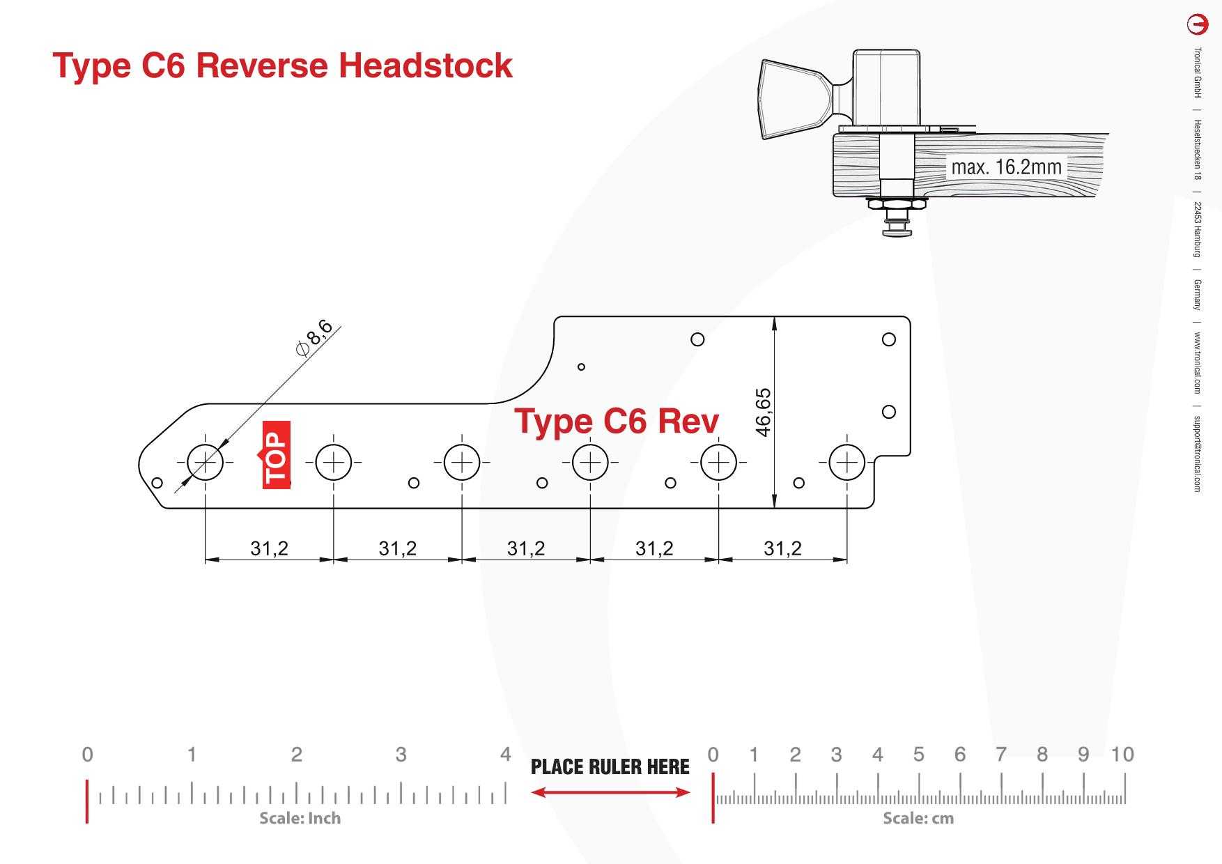 TronicalTune C6 guitar tuner - mounting template Technical mounting template with hole spacing and dimensions for the TronicalTune C6 automatic guitar tuner