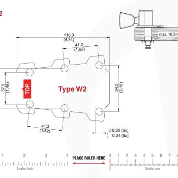 W2 Type Tronicaltune Guitar Tuner Technical mounting template with hole spacing and dimensions for the TronicalTune W2 automatic guitar tuner