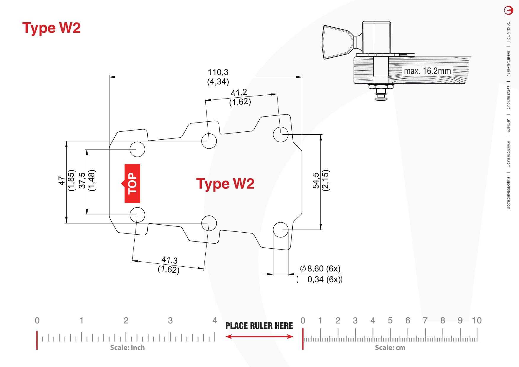 TronicalTune W2 guitar tuner - mounting template Technical mounting template with hole spacing and dimensions for the TronicalTune W2 automatic guitar tuner