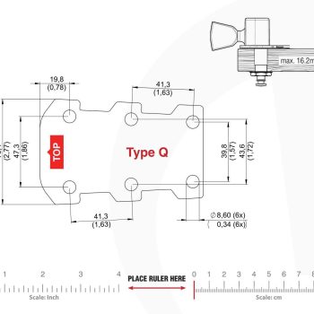 Technical mounting template with hole spacing and dimensions for the TronicalTune Q automatic guitar tuner