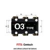 TronicalTune O3 automatic guitar tuner mounting plate with labeled dimensions and tuning peg hole positions